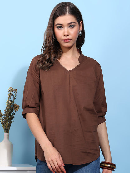 Brown Solid Straight Cotton Stitched Top