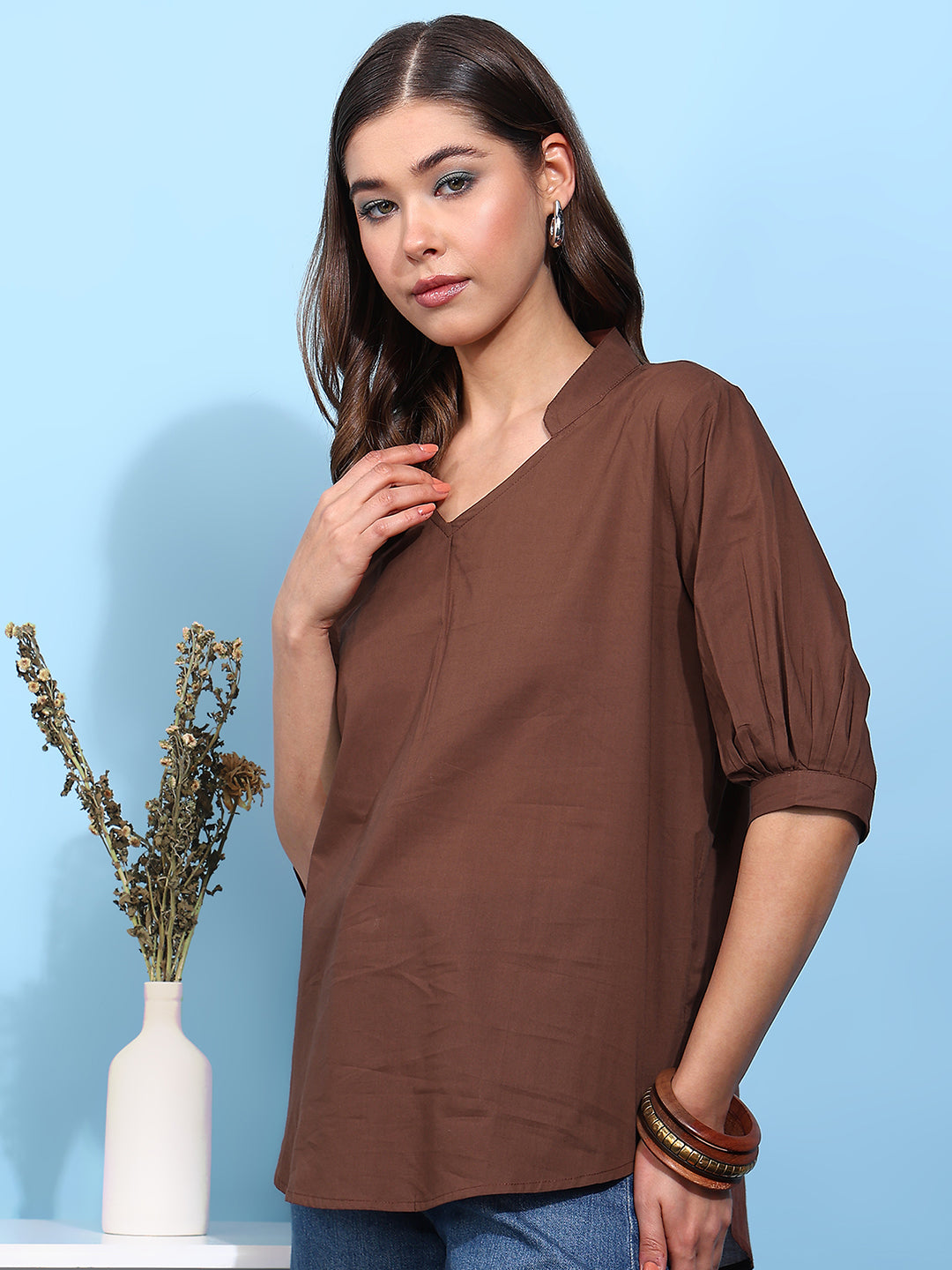 Brown Solid Straight Cotton Stitched Top
