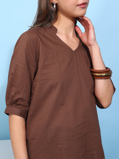 Brown Solid Straight Cotton Stitched Top