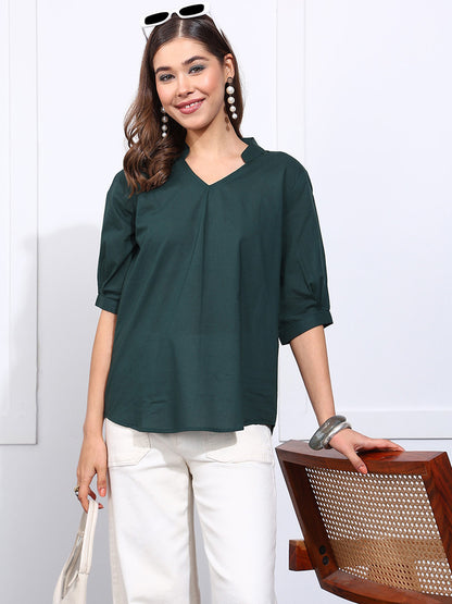 Green Solid Straight Cotton Stitched Top