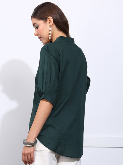 Green Solid Straight Cotton Stitched Top