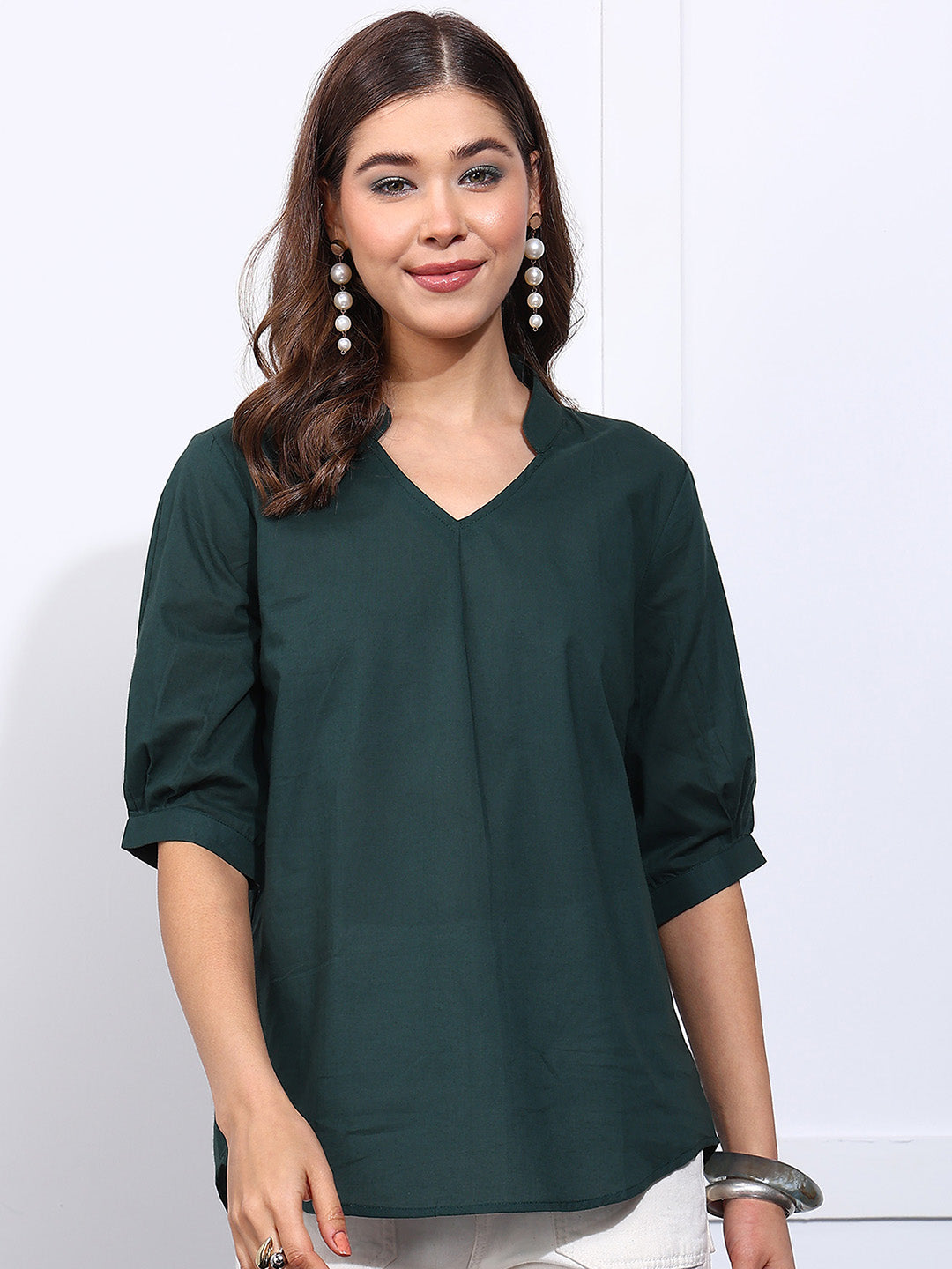 Green Solid Straight Cotton Stitched Top