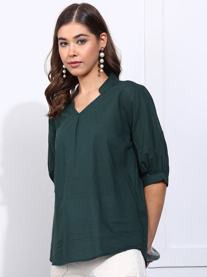 Green Solid Straight Cotton Stitched Top