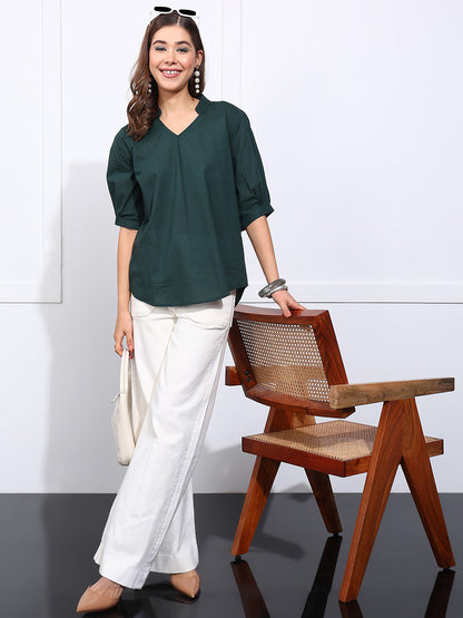 Green Solid Straight Cotton Stitched Top