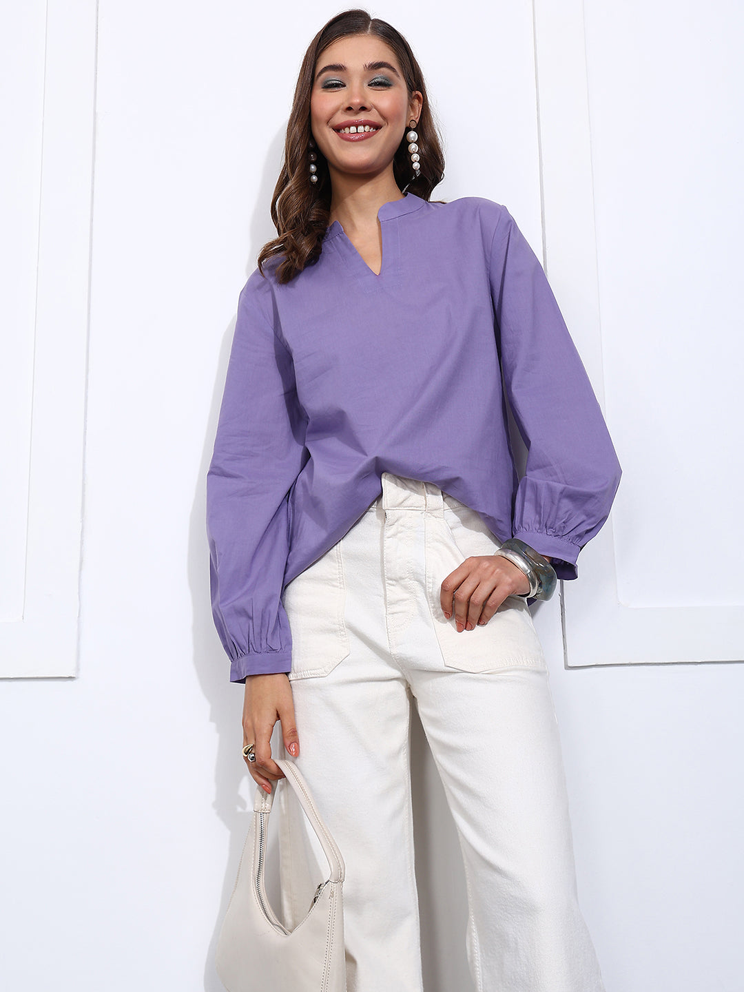 Purple Solid Straight Cotton Stitched Top