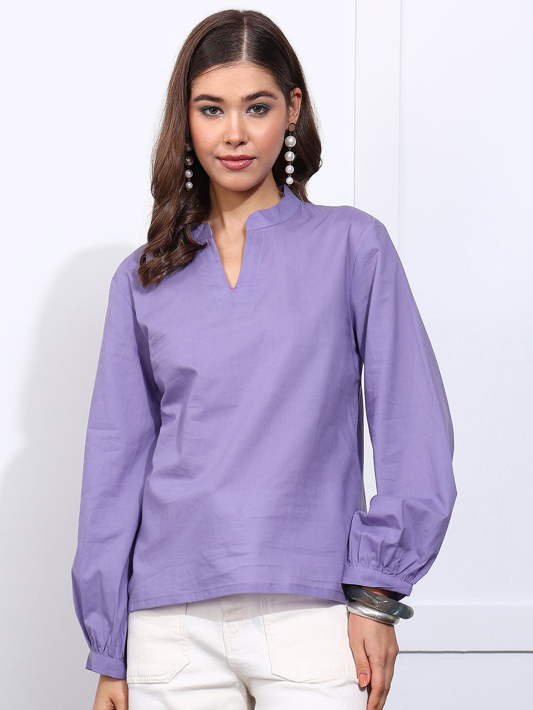 Purple Solid Straight Cotton Stitched Top