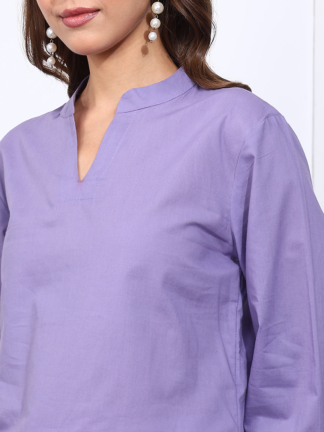 Purple Solid Straight Cotton Stitched Top