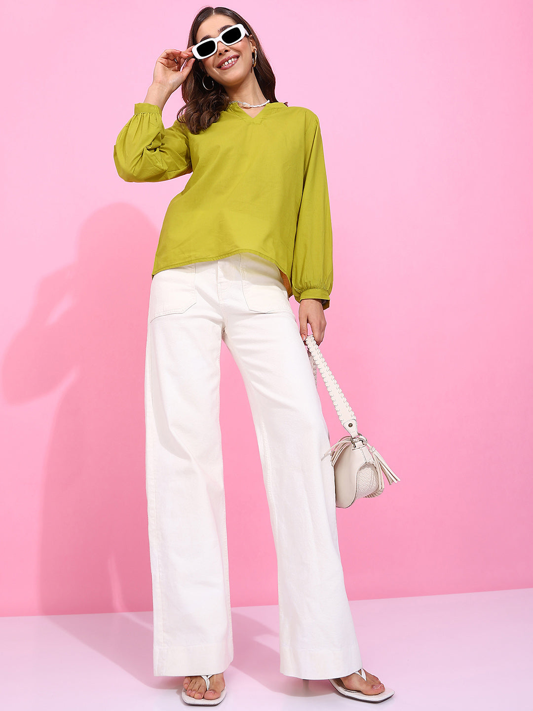 Parrot Solid Straight Cotton Stitched Top