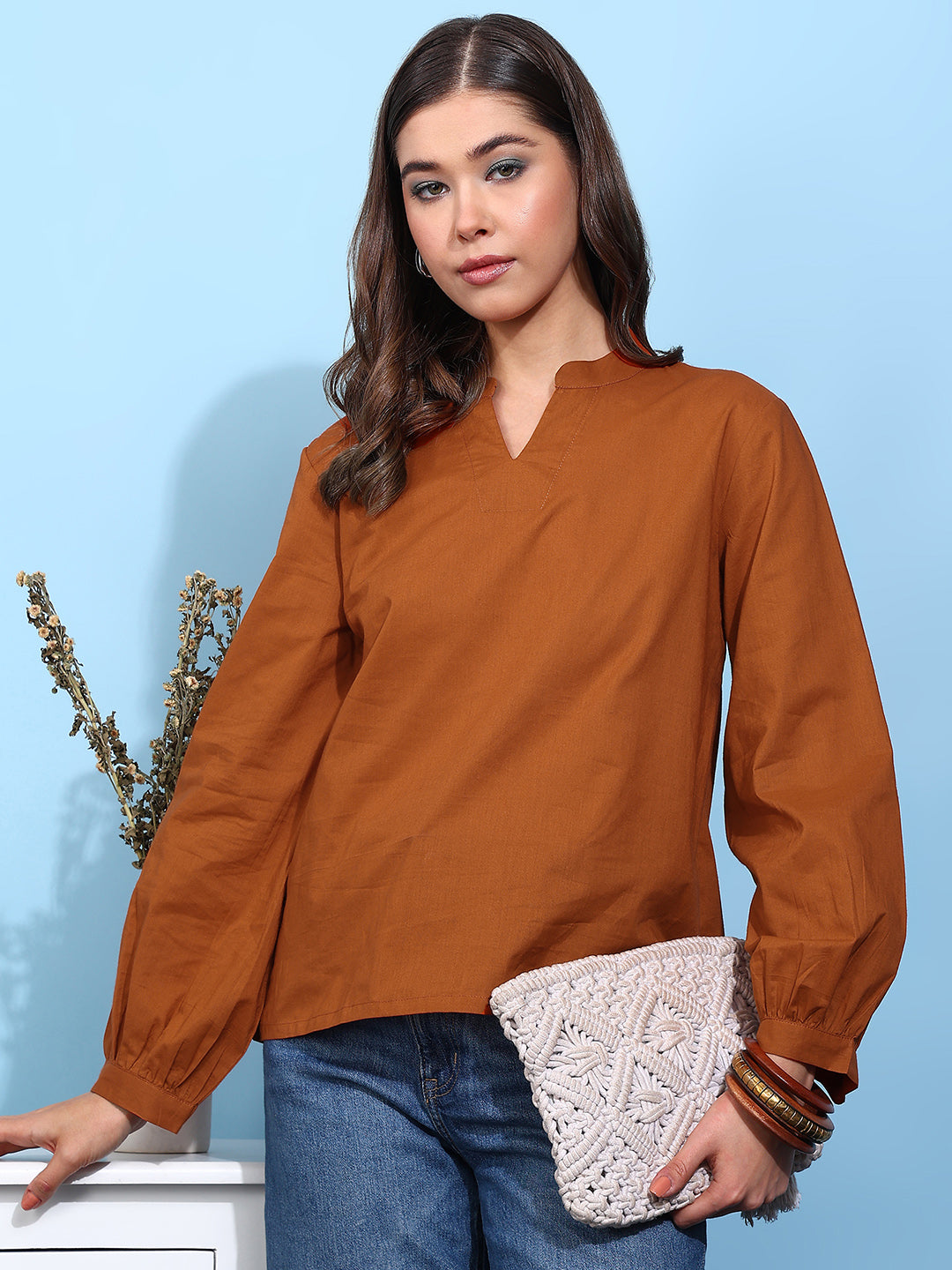 Rust Solid Straight Cotton Stitched Top
