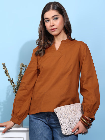 Rust Solid Straight Cotton Stitched Top