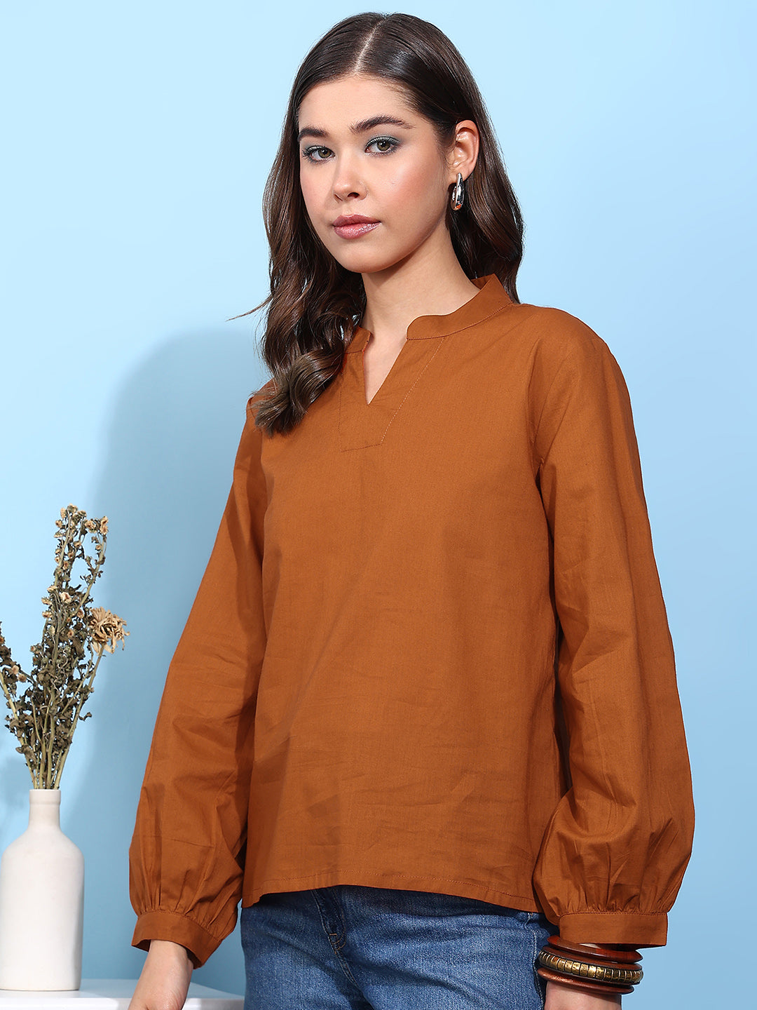 Rust Solid Straight Cotton Stitched Top