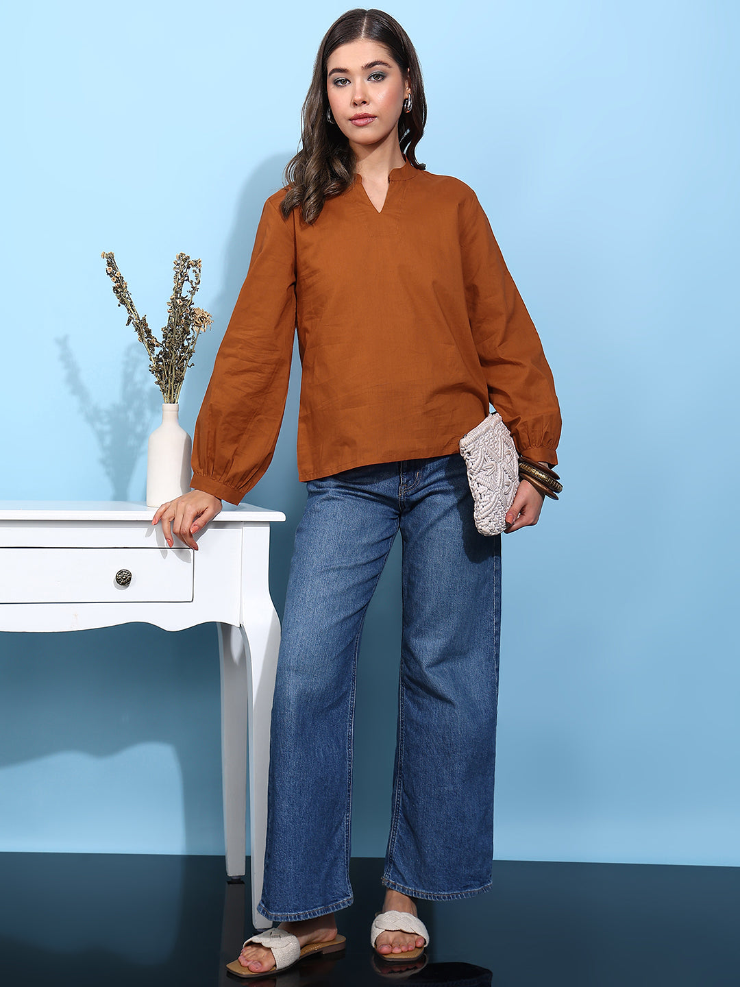 Rust Solid Straight Cotton Stitched Top