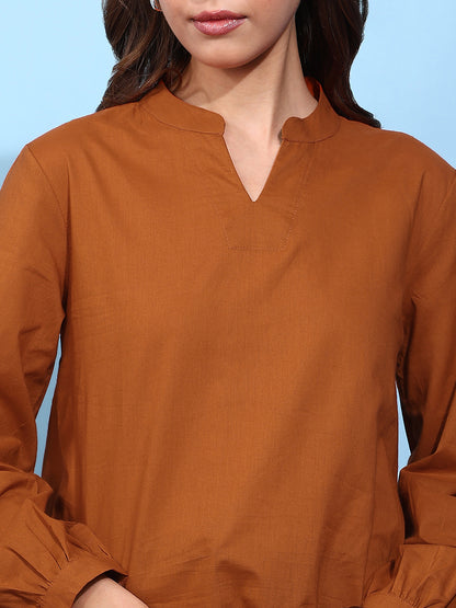 Rust Solid Straight Cotton Stitched Top
