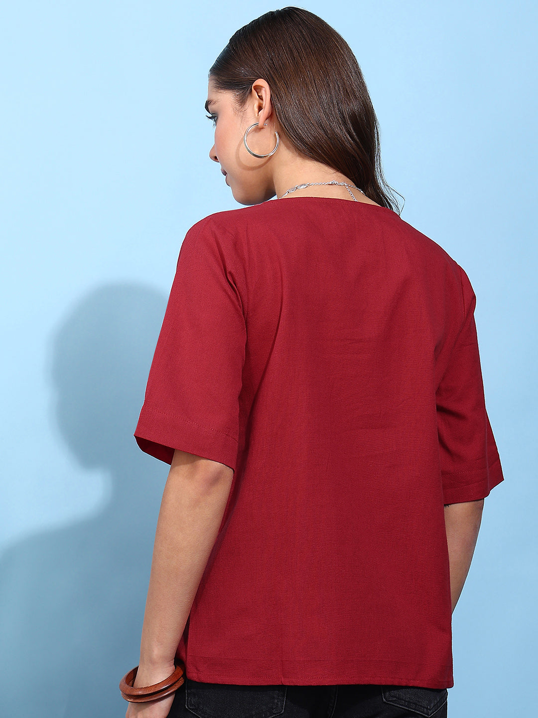 Maroon Solid Straight Cotton Flex Stitched Top