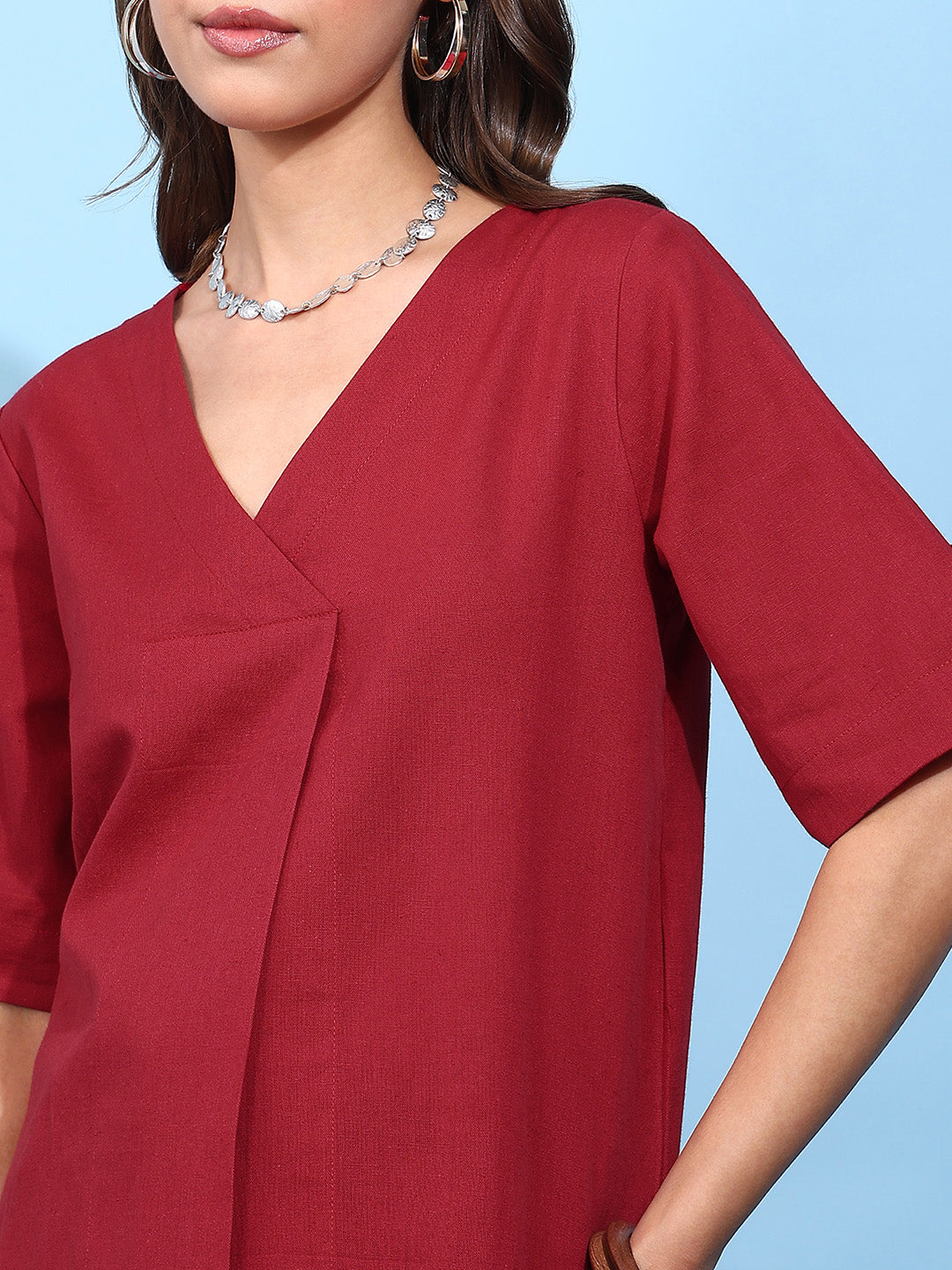 Maroon Solid Straight Cotton Flex Stitched Top