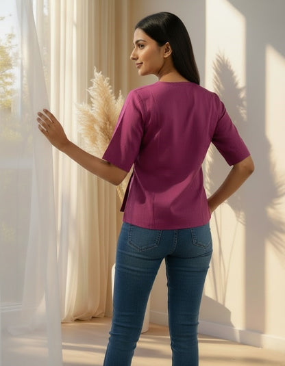 Purple Solid Straight Cotton Flex Stitched Top