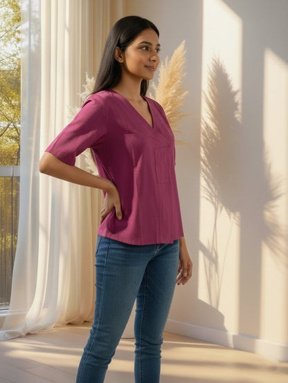 Purple Solid Straight Cotton Flex Stitched Top