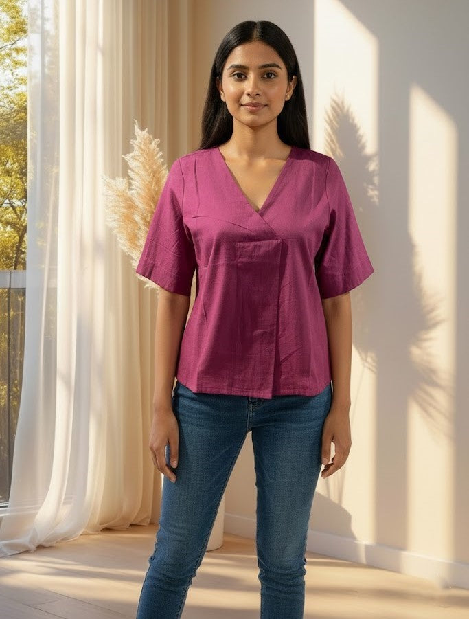Purple Solid Straight Cotton Flex Stitched Top