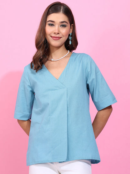 Sky Solid Straight Cotton Flex Stitched Top