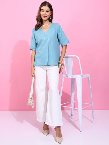 Sky Solid Straight Cotton Flex Stitched Top