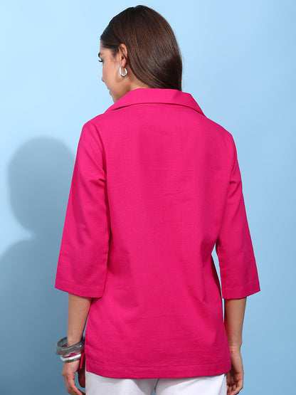 Pink Solid Straight Cotton Flex Stitched Top