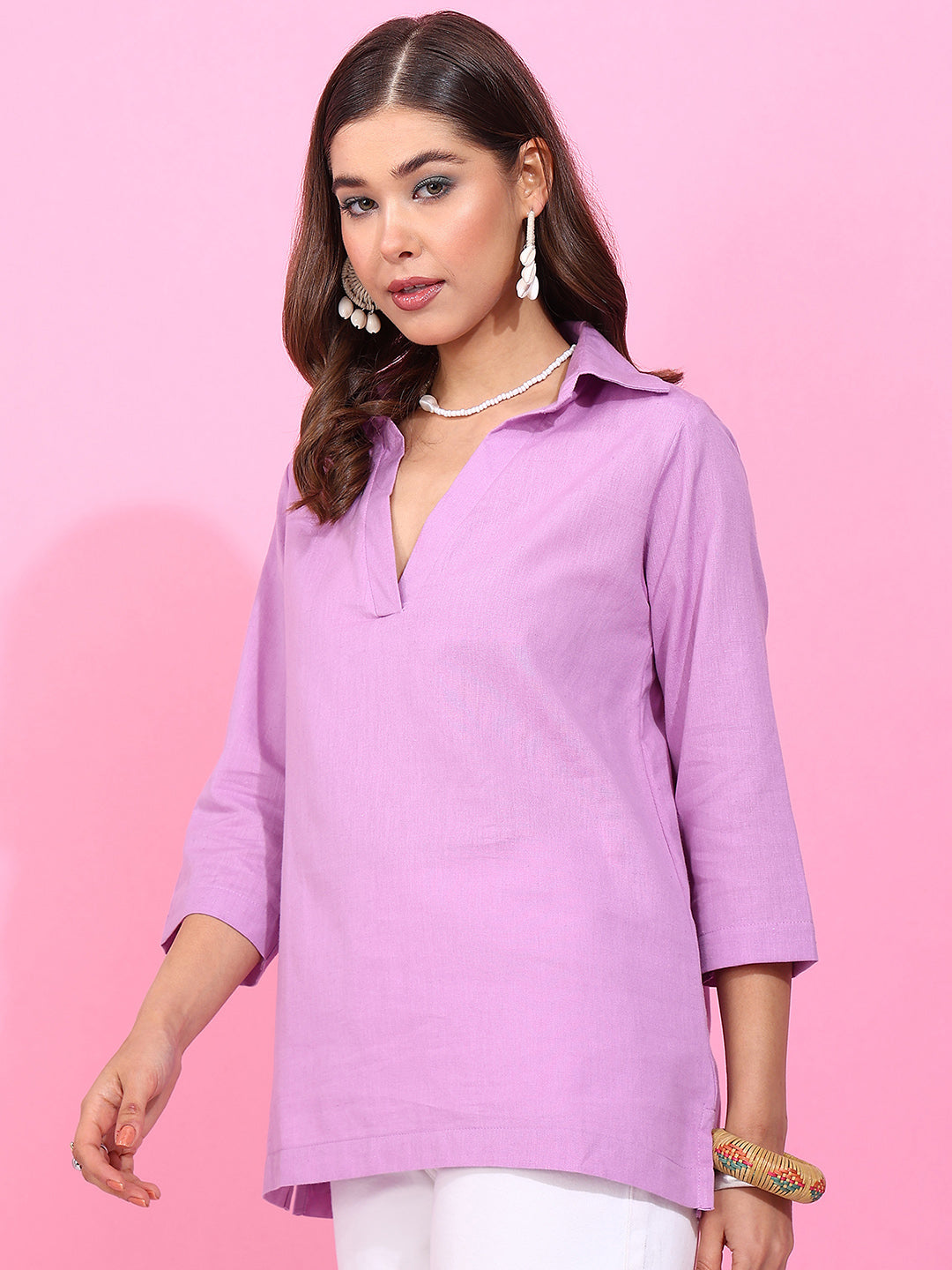 Purple Solid Straight Cotton Flex Stitched Top