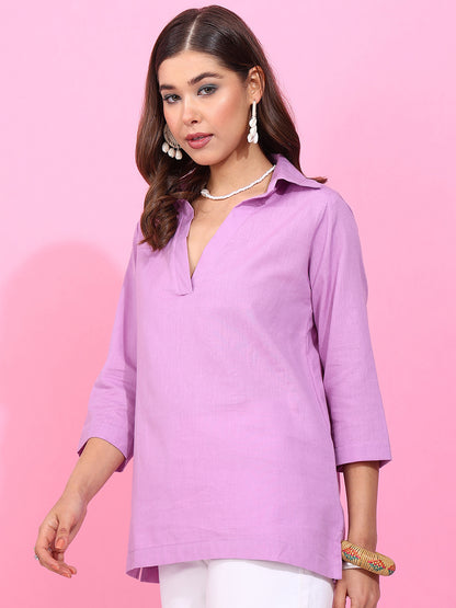 Purple Solid Straight Cotton Flex Stitched Top