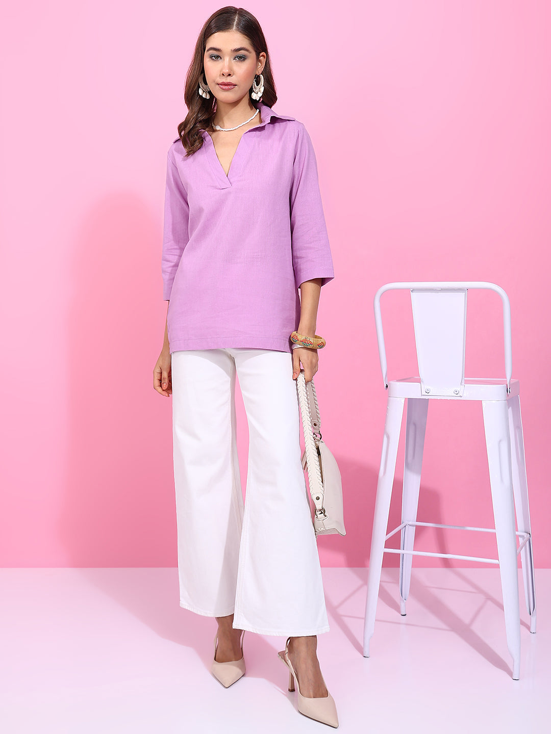 Purple Solid Straight Cotton Flex Stitched Top