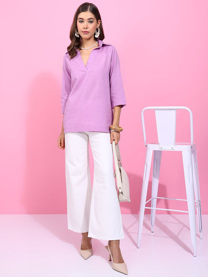 Purple Solid Straight Cotton Flex Stitched Top