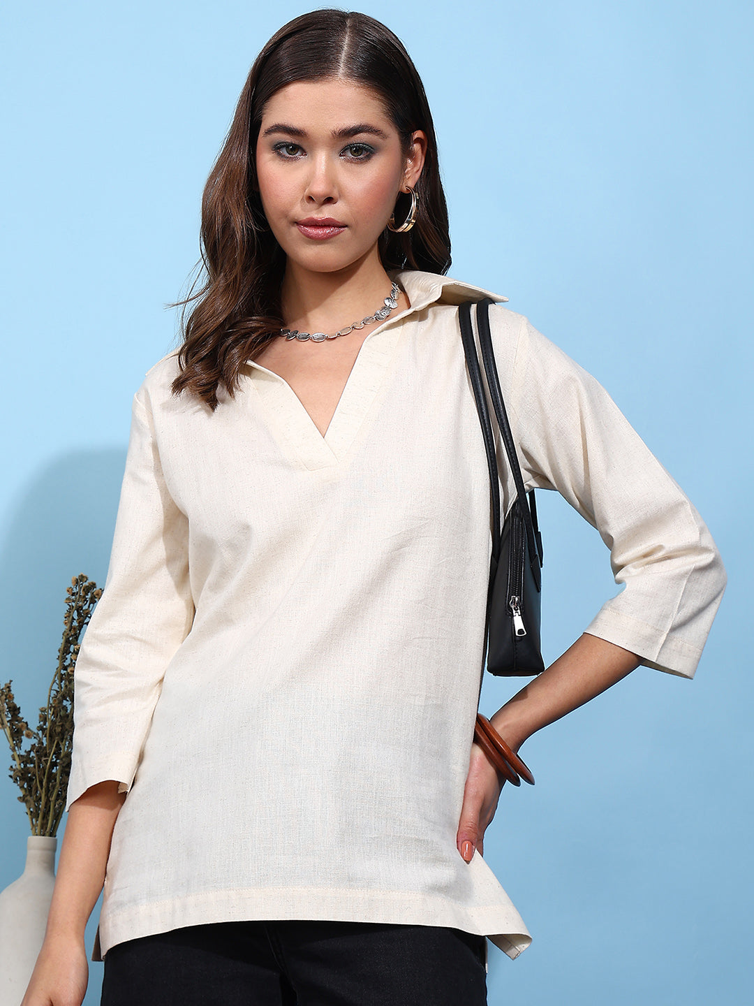 Off-White Solid Straight Cotton Flex Stitched Top