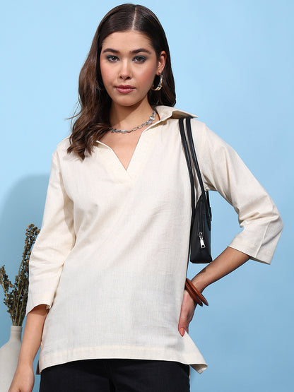 Off-White Solid Straight Cotton Flex Stitched Top