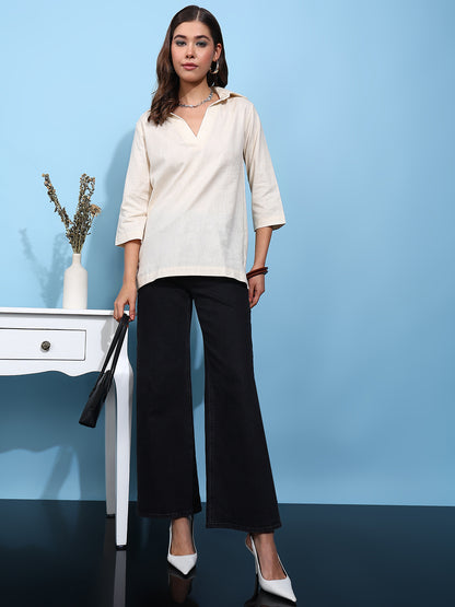 Off-White Solid Straight Cotton Flex Stitched Top