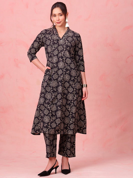Black Floral A-Line Cotton Stitched Kurta With Palazzo