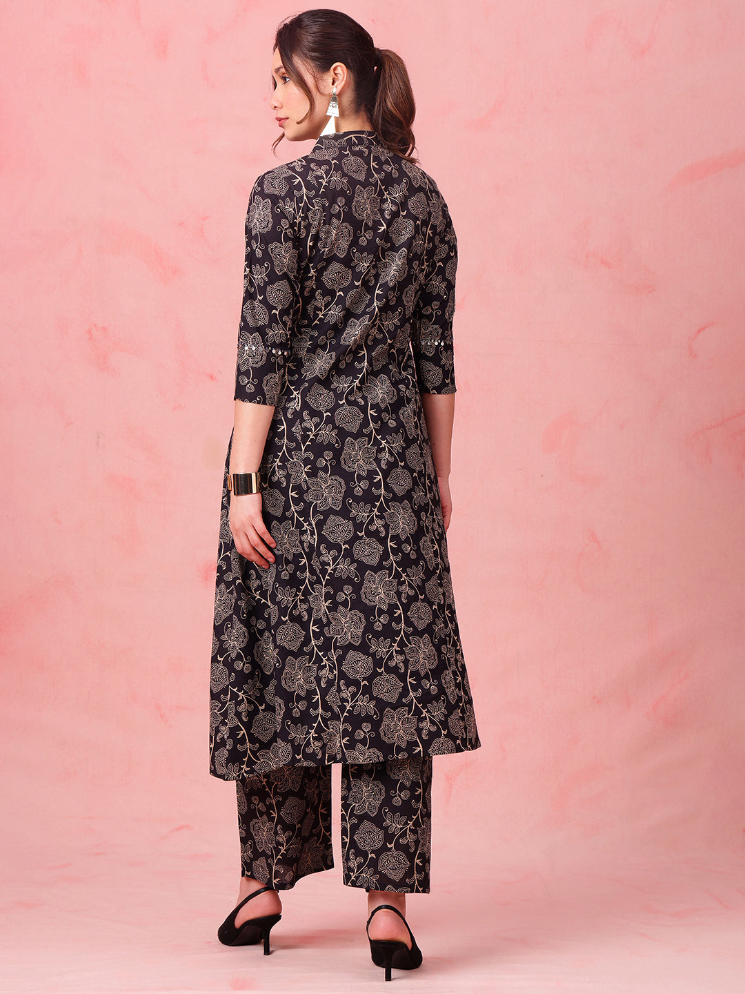Black Floral A-Line Cotton Stitched Kurta With Palazzo