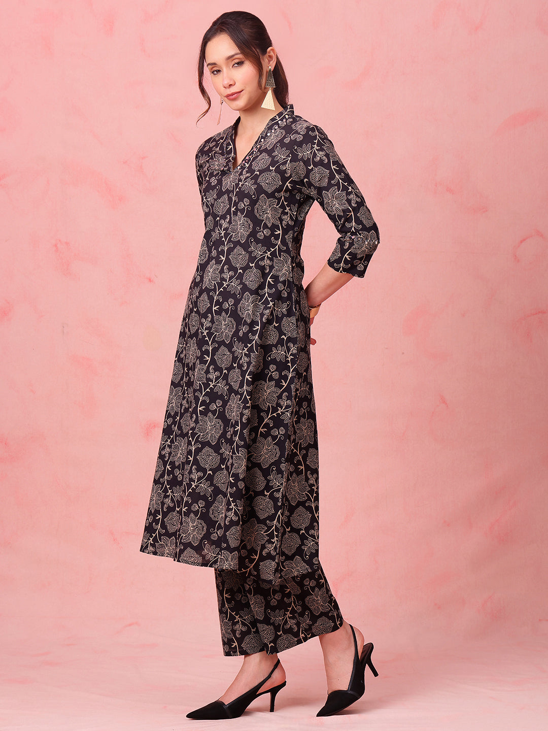 Black Floral A-Line Cotton Stitched Kurta With Palazzo