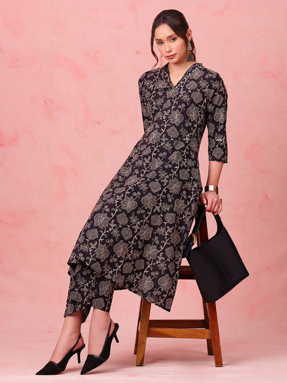 Black Floral A-Line Cotton Stitched Kurta With Palazzo