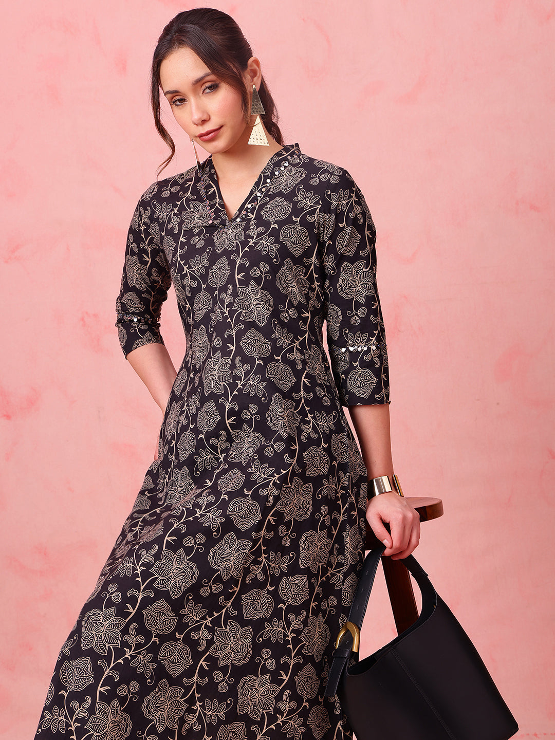 Black Floral A-Line Cotton Stitched Kurta With Palazzo