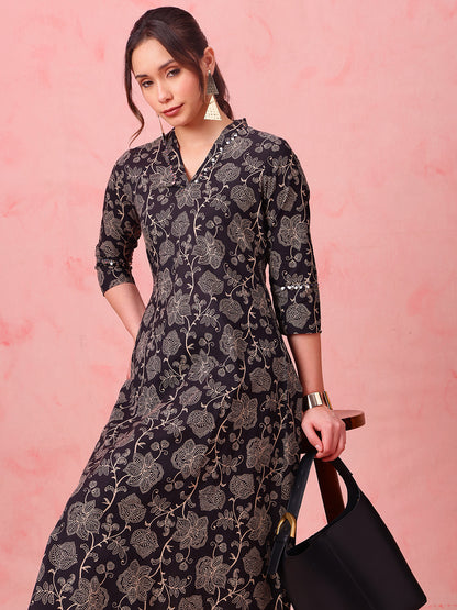Black Floral A-Line Cotton Stitched Kurta With Palazzo