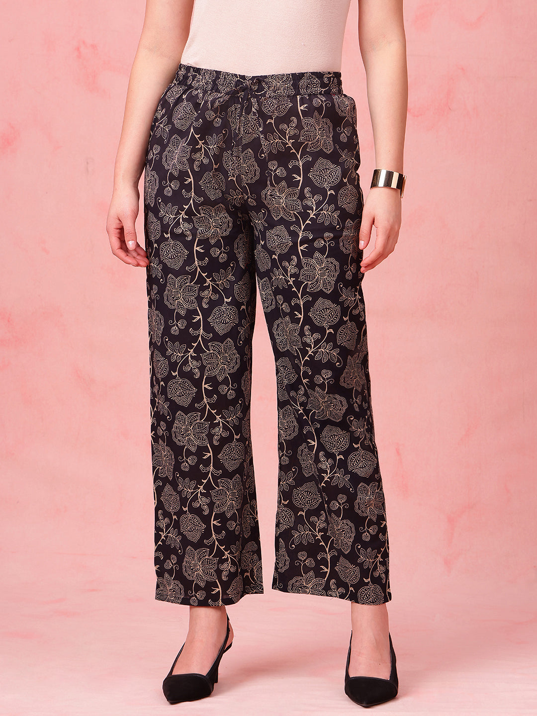 Black Floral A-Line Cotton Stitched Kurta With Palazzo