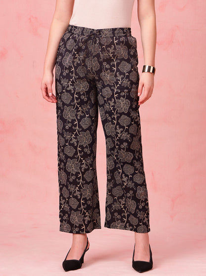 Black Floral A-Line Cotton Stitched Kurta With Palazzo