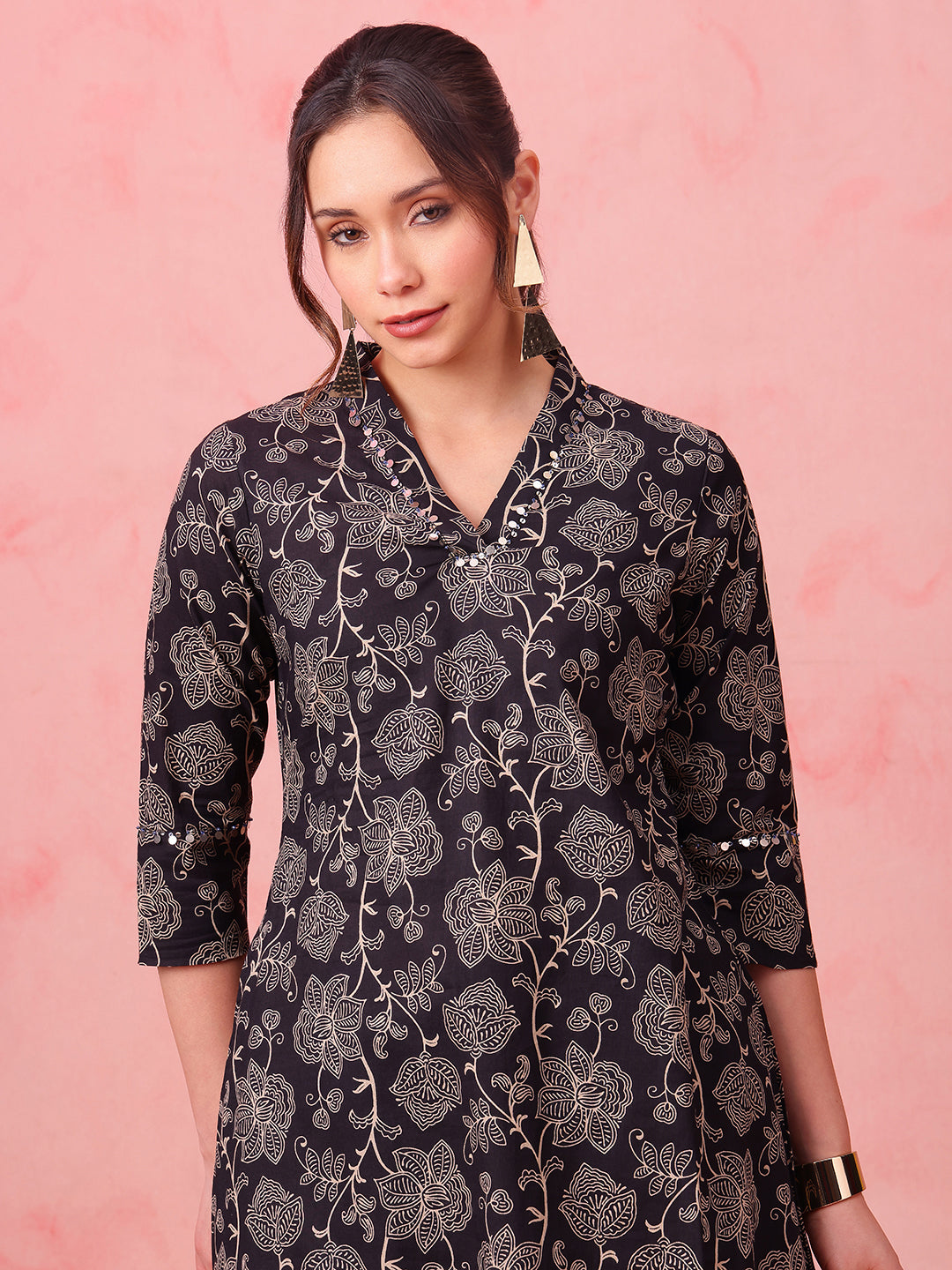 Black Floral A-Line Cotton Stitched Kurta With Palazzo