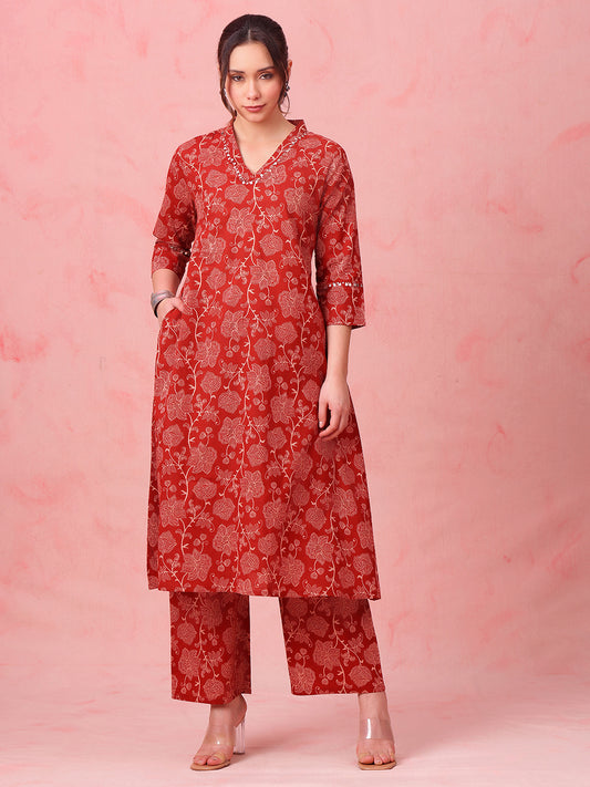 Rust Floral A-Line Cotton Stitched Kurta With Palazzo