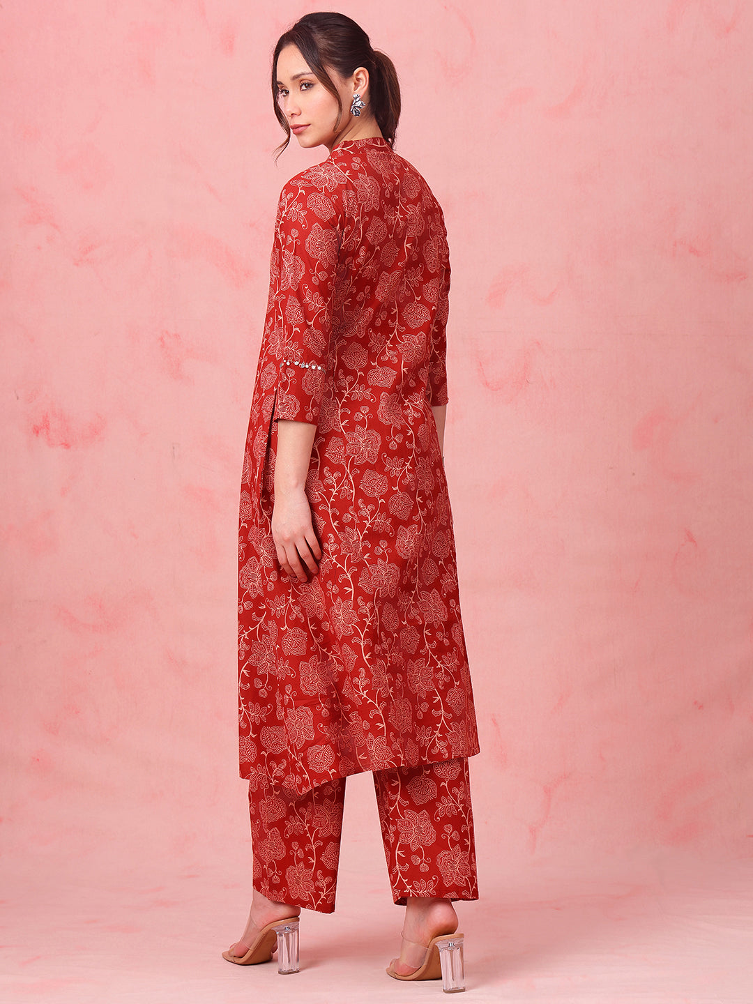 Rust Floral A-Line Cotton Stitched Kurta With Palazzo