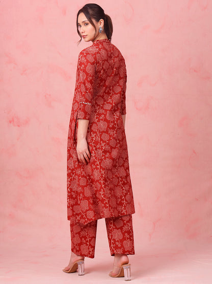 Rust Floral A-Line Cotton Stitched Kurta With Palazzo