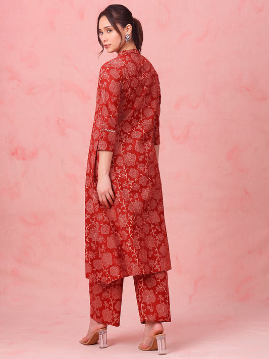 Rust Floral A-Line Cotton Stitched Kurta With Palazzo