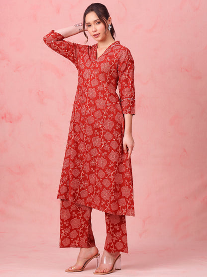 Rust Floral A-Line Cotton Stitched Kurta With Palazzo