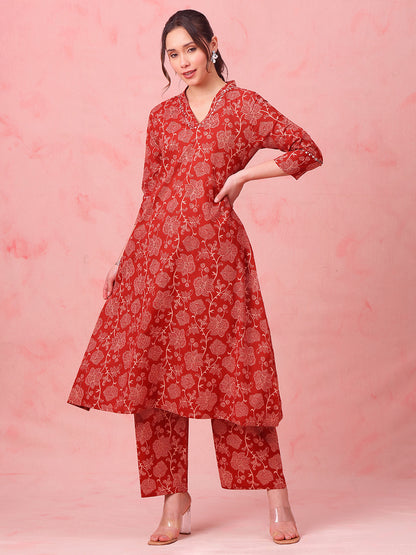 Rust Floral A-Line Cotton Stitched Kurta With Palazzo