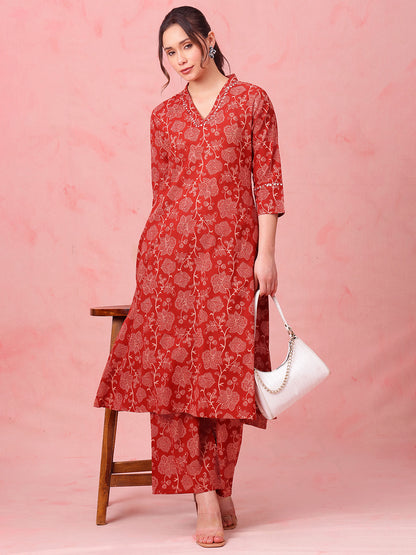 Rust Floral A-Line Cotton Stitched Kurta With Palazzo
