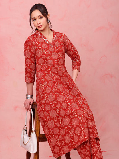Rust Floral A-Line Cotton Stitched Kurta With Palazzo