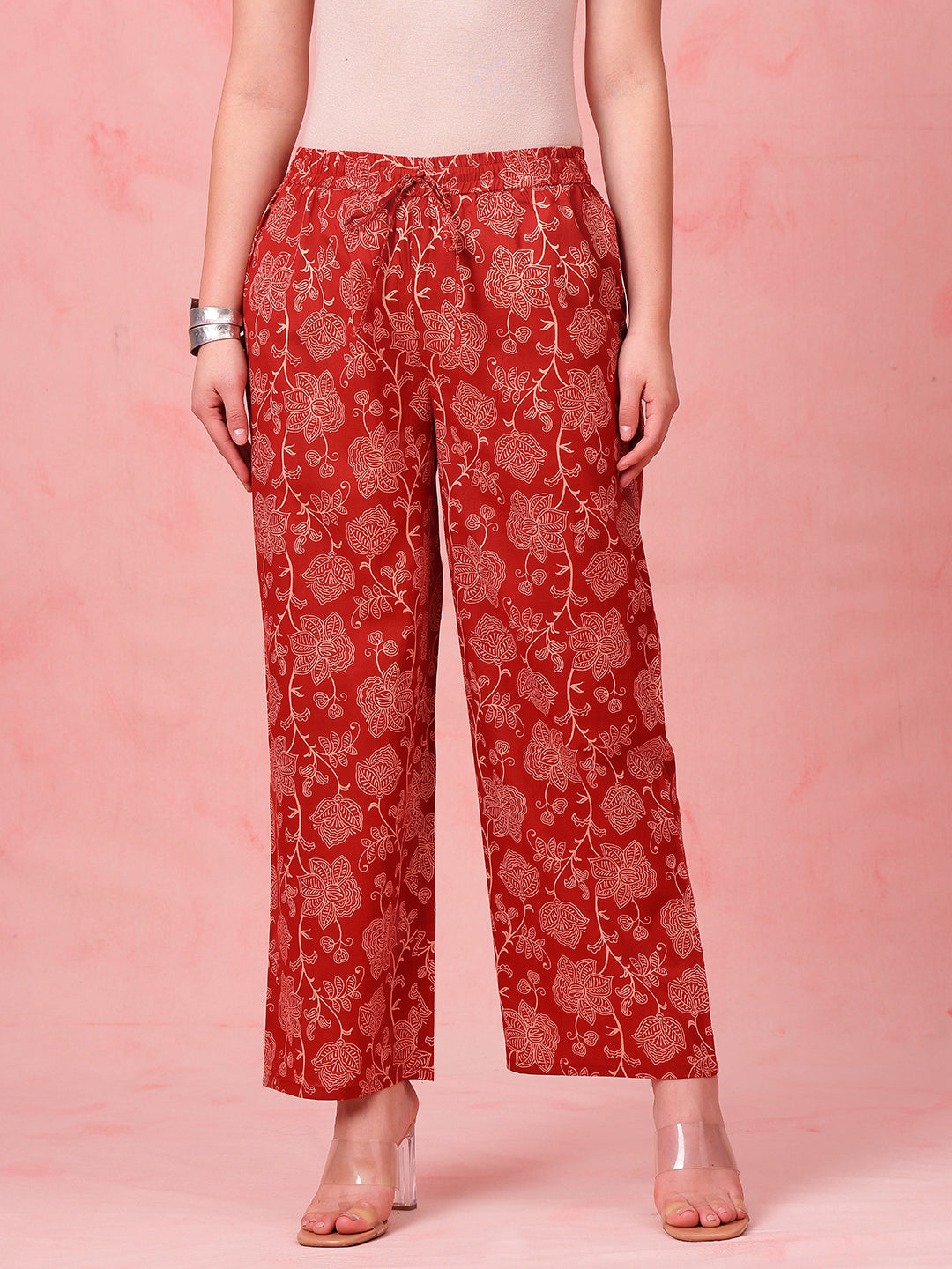 Rust Floral A-Line Cotton Stitched Kurta With Palazzo